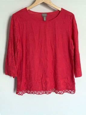 Chico’s Coral Pink Textured 3/4 Sleeve Crochet Hem Top 2 Large